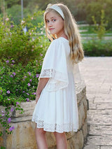 White Square Neck Polyester Short Sleeves Short A-Line Kids Social Party Dresses-Dbrbridal