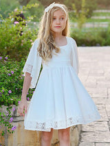 White Square Neck Polyester Short Sleeves Short A-Line Kids Social Party Dresses-Dbrbridal