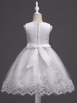 White Tutu Kids Dinner Party Dresses Lace Applique Pearls Tassels Princess Social Dresses-Dbrbridal
