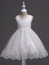 White Tutu Kids Dinner Party Dresses Lace Applique Pearls Tassels Princess Social Dresses-Dbrbridal