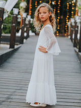 White V-Neck Lace Long Sleeves Floor-Length A-Line Lace Kids Social Party Dresses-Dbrbridal