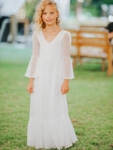 White V-Neck Lace Long Sleeves Floor-Length A-Line Lace Kids Social Party Dresses-Dbrbridal