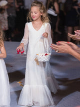 White V-Neck Lace Long Sleeves Floor-Length A-Line Lace Kids Social Party Dresses-Dbrbridal