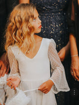 White V-Neck Lace Long Sleeves Floor-Length A-Line Lace Kids Social Party Dresses-Dbrbridal