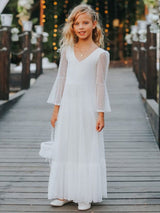 White V-Neck Lace Long Sleeves Floor-Length A-Line Lace Kids Social Party Dresses-Dbrbridal