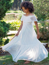 White V-Neck Lace Short Sleeves Floor-Length A-Line Applique Kids Social Party Dresses-Dbrbridal