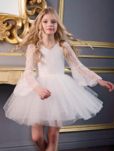 White V-Neck Long Sleeves Polyester Kids Social Party Dresses-Dbrbridal
