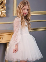 White V-Neck Long Sleeves Polyester Kids Social Party Dresses-Dbrbridal