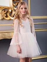 White V-Neck Long Sleeves Polyester Kids Social Party Dresses-Dbrbridal