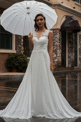 White Wedding Dress Illusion Neckline Sleeveless Applique Chiffon Long Bridal Gowns Train Dress-Dbrbridal