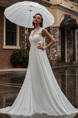 White Wedding Dress Illusion Neckline Sleeveless Applique Chiffon Long Bridal Gowns Train Dress-Dbrbridal