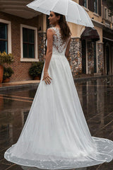 White Wedding Dress Illusion Neckline Sleeveless Applique Chiffon Long Bridal Gowns Train Dress-Dbrbridal