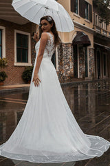 White Wedding Dress Illusion Neckline Sleeveless Applique Chiffon Long Bridal Gowns Train Dress-Dbrbridal