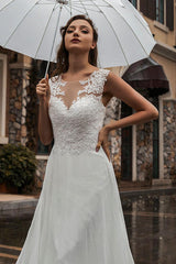 White Wedding Dress Illusion Neckline Sleeveless Applique Chiffon Long Bridal Gowns Train Dress-Dbrbridal