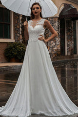 White Wedding Dress Illusion Neckline Sleeveless Applique Chiffon Long Bridal Gowns Train Dress-Dbrbridal