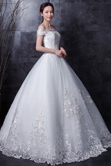White Wedding Dresses Lace Off Shoulder Short Sleeve Lace Applique Long Bridal Dress-Dbrbridal