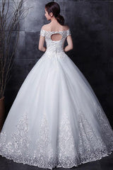 White Wedding Dresses Lace Off Shoulder Short Sleeve Lace Applique Long Bridal Dress-Dbrbridal