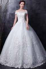 White Wedding Dresses Lace Off Shoulder Short Sleeve Lace Applique Long Bridal Dress-Dbrbridal
