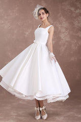 White Wedding Dresses Short Retro Bridal Dress 1950s Satin Straps Bow Sash Tea Length Rockabilly Wedding Reception Dress Exclusive-Dbrbridal