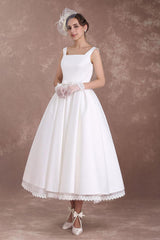 White Wedding Dresses Short Retro Bridal Dress 1950s Satin Straps Bow Sash Tea Length Rockabilly Wedding Reception Dress Exclusive-Dbrbridal