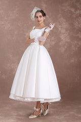 White Wedding Dresses Short Retro Bridal Dress 1950s Satin Straps Bow Sash Tea Length Rockabilly Wedding Reception Dress Exclusive-Dbrbridal