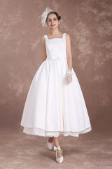 White Wedding Dresses Short Retro Bridal Dress 1950s Satin Straps Bow Sash Tea Length Rockabilly Wedding Reception Dress Exclusive-Dbrbridal