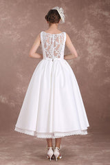 White Wedding Dresses Short Retro Bridal Dress 1950s Satin Straps Bow Sash Tea Length Rockabilly Wedding Reception Dress Exclusive-Dbrbridal