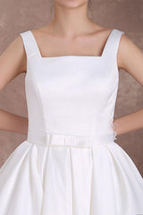 White Wedding Dresses Short Retro Bridal Dress 1950s Satin Straps Bow Sash Tea Length Rockabilly Wedding Reception Dress Exclusive-Dbrbridal