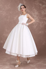 White Wedding Dresses Short Retro Bridal Dress 1950s Satin Straps Bow Sash Tea Length Rockabilly Wedding Reception Dress Exclusive-Dbrbridal