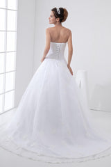 White Wedding Dresses Strapless Bridal Gown Lace Beading Side Draped Bridal Dress With Train-Dbrbridal