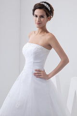 White Wedding Dresses Strapless Bridal Gown Lace Beading Side Draped Bridal Dress With Train-Dbrbridal