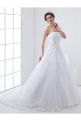 White Wedding Dresses Strapless Bridal Gown Lace Beading Side Draped Bridal Dress With Train-Dbrbridal