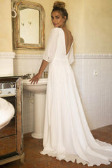 White Wedding Dresses With Train A-line Long 3/4 Length Sleeves Pleated Chic V-Neck Bridal Gowns-Dbrbridal