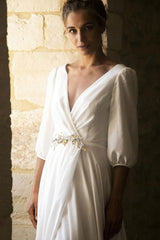 White Wedding Dresses With Train A-line Long 3/4 Length Sleeves Pleated Chic V-Neck Bridal Gowns-Dbrbridal