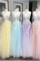 Wide Straps V-Neck Tulle Pink Prom Dress Applique Long-Dbrbridal