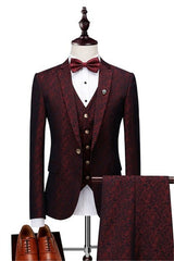 Wine Ruby Notched Laple Prom Suits for Men Bespoke Three Pieces Jacquard Tuxedo-Dbrbridal