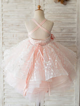 With Sash Pink Sleeveless Backless Short Tulle Kids Party Dresses-Dbrbridal