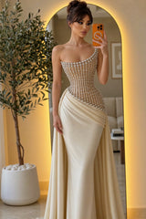 Charming Strapless Sleeveless Mermaid Satin Evening Dresses Column With Pleats Pearls