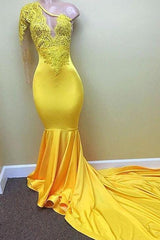Yellow one shoulder mermaid prom dress, lace Evening Dresses-Dbrbridal