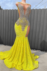 Yellow Scoop Long Sleeve Mermaid Prom Dresses with Sequins and Split Beadings Yellow Scoop Long Sleeve Mermaid Prom Dresses with Sequins and Split Beadings-Dbrbridal