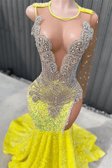 Yellow Scoop Long Sleeve Mermaid Prom Dresses with Sequins and Split Beadings Yellow Scoop Long Sleeve Mermaid Prom Dresses with Sequins and Split Beadings-Dbrbridal