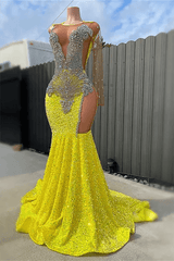 Yellow Scoop Long Sleeve Mermaid Prom Dresses with Sequins and Split Beadings Yellow Scoop Long Sleeve Mermaid Prom Dresses with Sequins and Split Beadings-Dbrbridal