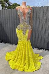 Yellow Scoop Long Sleeve Mermaid Prom Dresses with Sequins and Split Beadings Yellow Scoop Long Sleeve Mermaid Prom Dresses with Sequins and Split Beadings-Dbrbridal