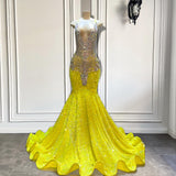 Yellow V-Neck Sleeveless Mermaid Prom Dresses Featuring Beadings and Sequins-Dbrbridal