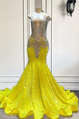 Yellow V-Neck Sleeveless Mermaid Prom Dresses Featuring Beadings and Sequins-Dbrbridal