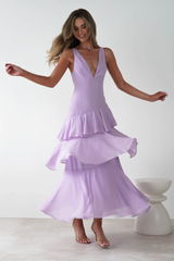 Luxurious Lilac V-Neck Spaghetti-Straps Sleeveless Evening Dresses Backless With Pleats