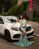 Classic Green Sweetheart One Shoulder Mermaid Wedding Dresses Sheath Gem With High Split