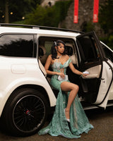 Classic Green Sweetheart One Shoulder Mermaid Wedding Dresses Sheath Gem With High Split