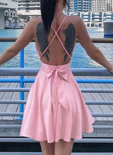 A-Line/Princess V-Neck Satin Sleeveless Short/Mini Homecoming Dresses With Bow(s) Pleated