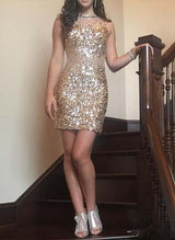 Sheath/Column Scoop Neck Tulle Sleeveless Sequined Short/Mini Homecoming Dresses With Beading Sequins